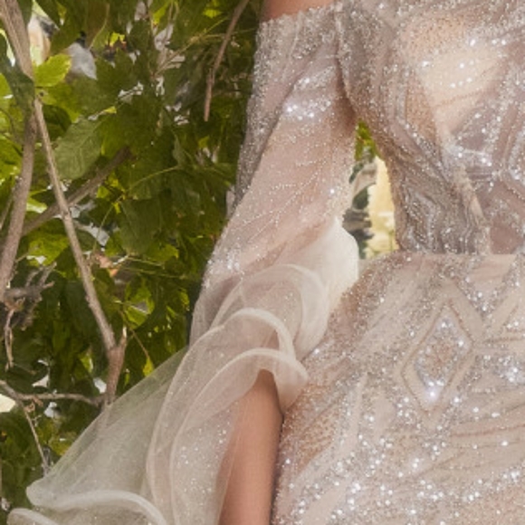 Champagne gold off the shoulder long sleeve floor length gown - Picture 3 of 15